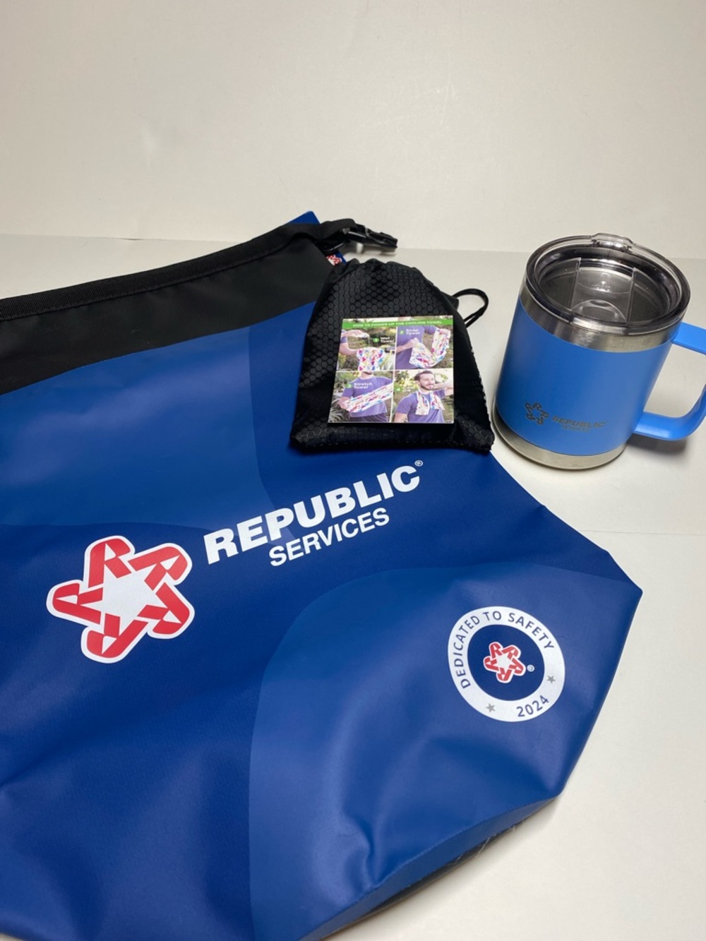 Republic Services Safe Together 3 pc Swag Dry Bag Cooling Rag Insulated Mug New